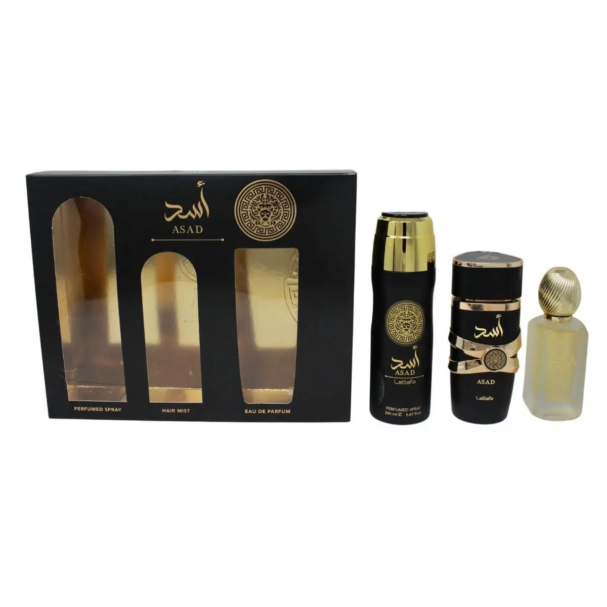 Asad Unisex 3 Piece Set 3.4 oz Edp 6.7 oz Deo 1.7 oz Hair Mist by Lattafa