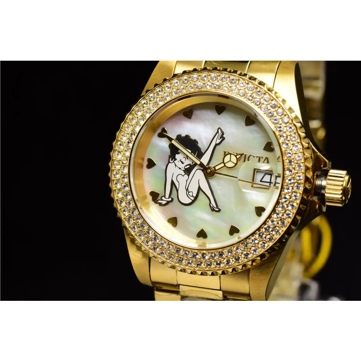 Character Betty Boop Lady Quartz Crystal Gold Tone Watch w/ 3 Slot Box by Invicta