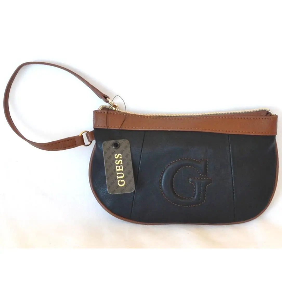 Guess Barstow Black Paprika Red+brown Leatherete Zip Wristlet Clutch Wallet