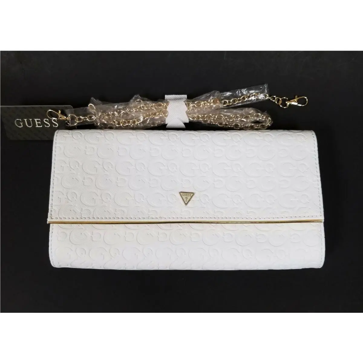 Guess Ashlyn White Leather Fold Over Flap Gold Chain Clutch Shoulder Bag