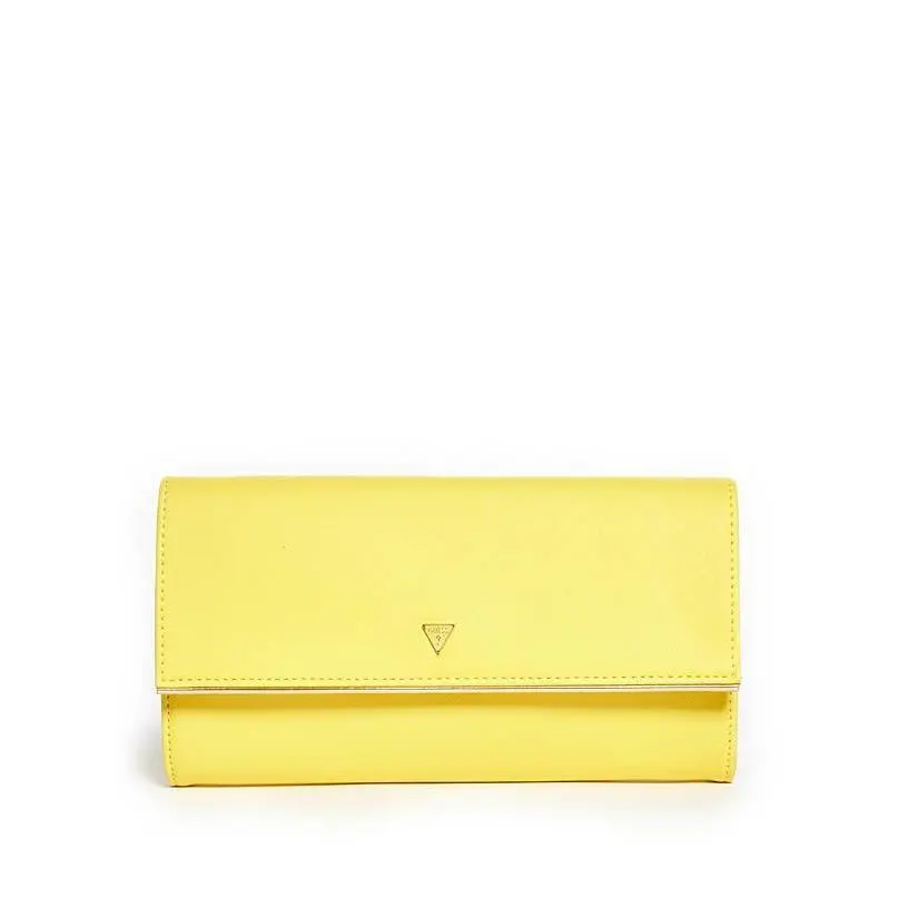 Guess Ashlyn Neon Yellow Saffiano Fold Over Flap Gold Chain Clutch Hand Bag
