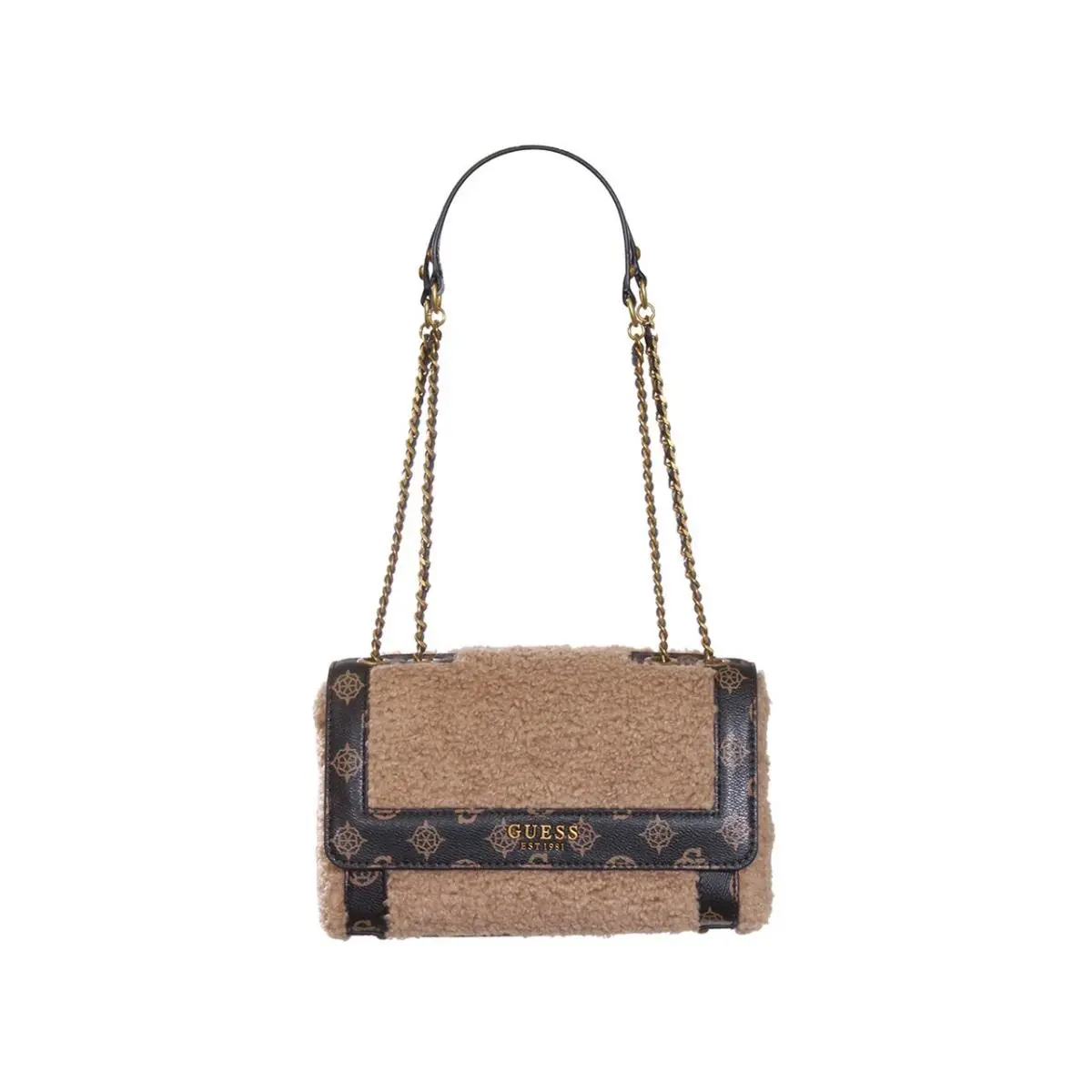 Guess Women`s Always Handbag Shearling Convertible Crossbody Flap Mocha Multi