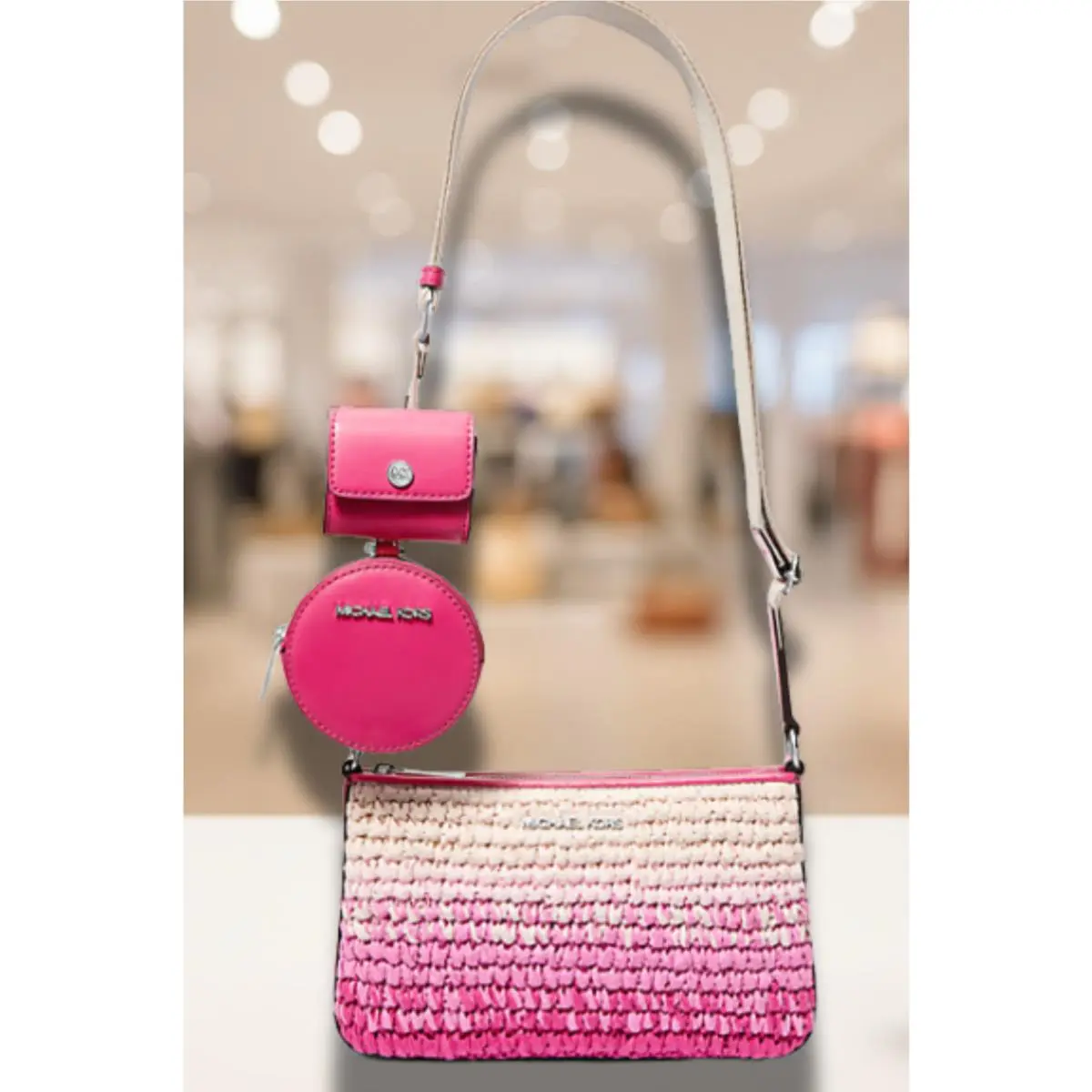 Jet Set Women Small Ombré Straw Crossbody Bag with Airpod Case DRAGONFRUIT by Michael Kors
