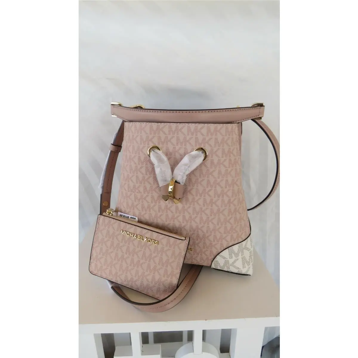 Mercer Gallery Bucket Bag Extra-small Ballet Multi Logo Dustbag Bag+card case XS Pink Vanilla MK Logo bucket bag by Michael Kors