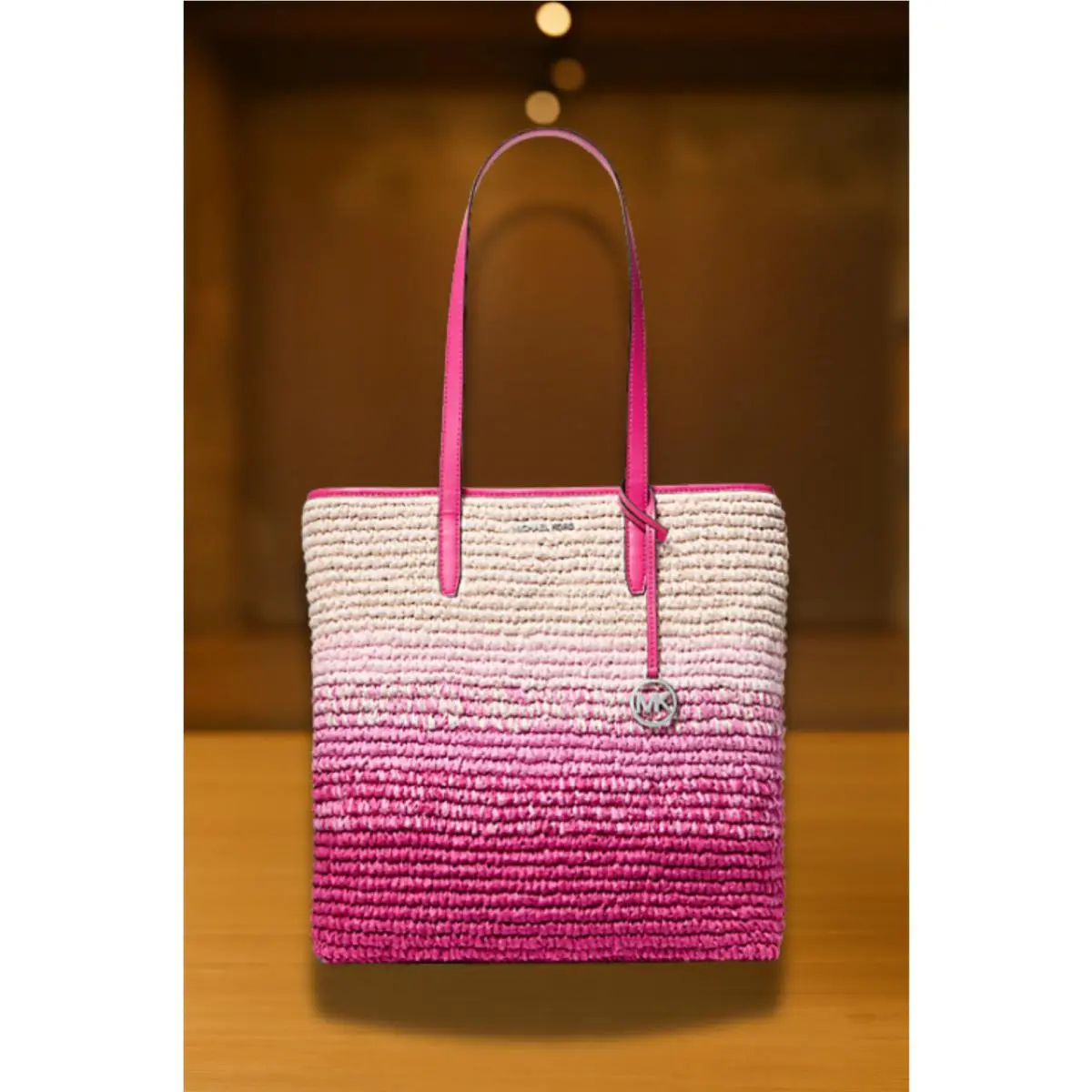 MK Women Large Fashion Ombré Straw Shoulder Tote Bag Handbag Purse DRAGONFRUIT by Michael Kors