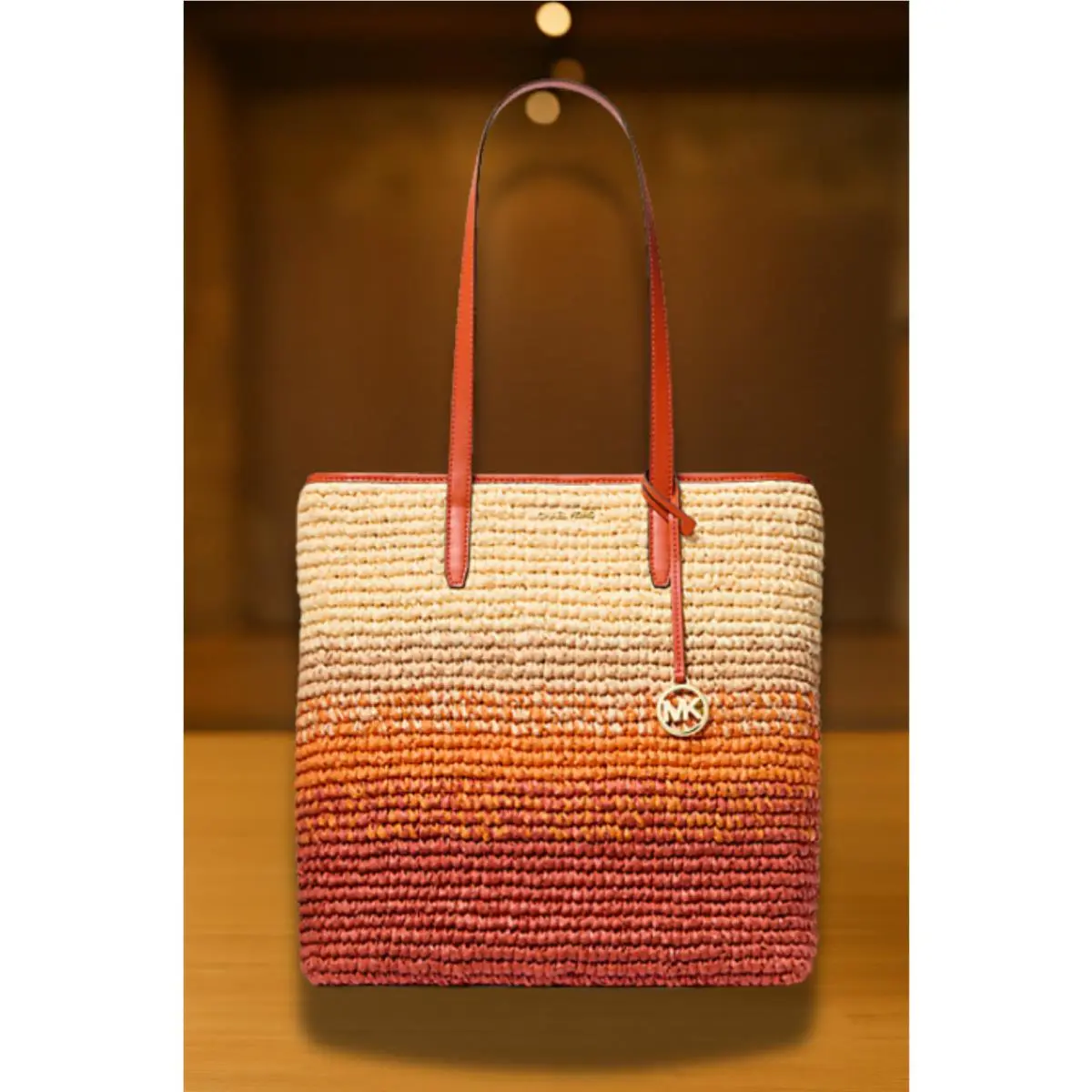 MK Women Large Fashion Ombré Straw Shoulder Tote Bag Handbag Purse RED CLAY by Michael Kors