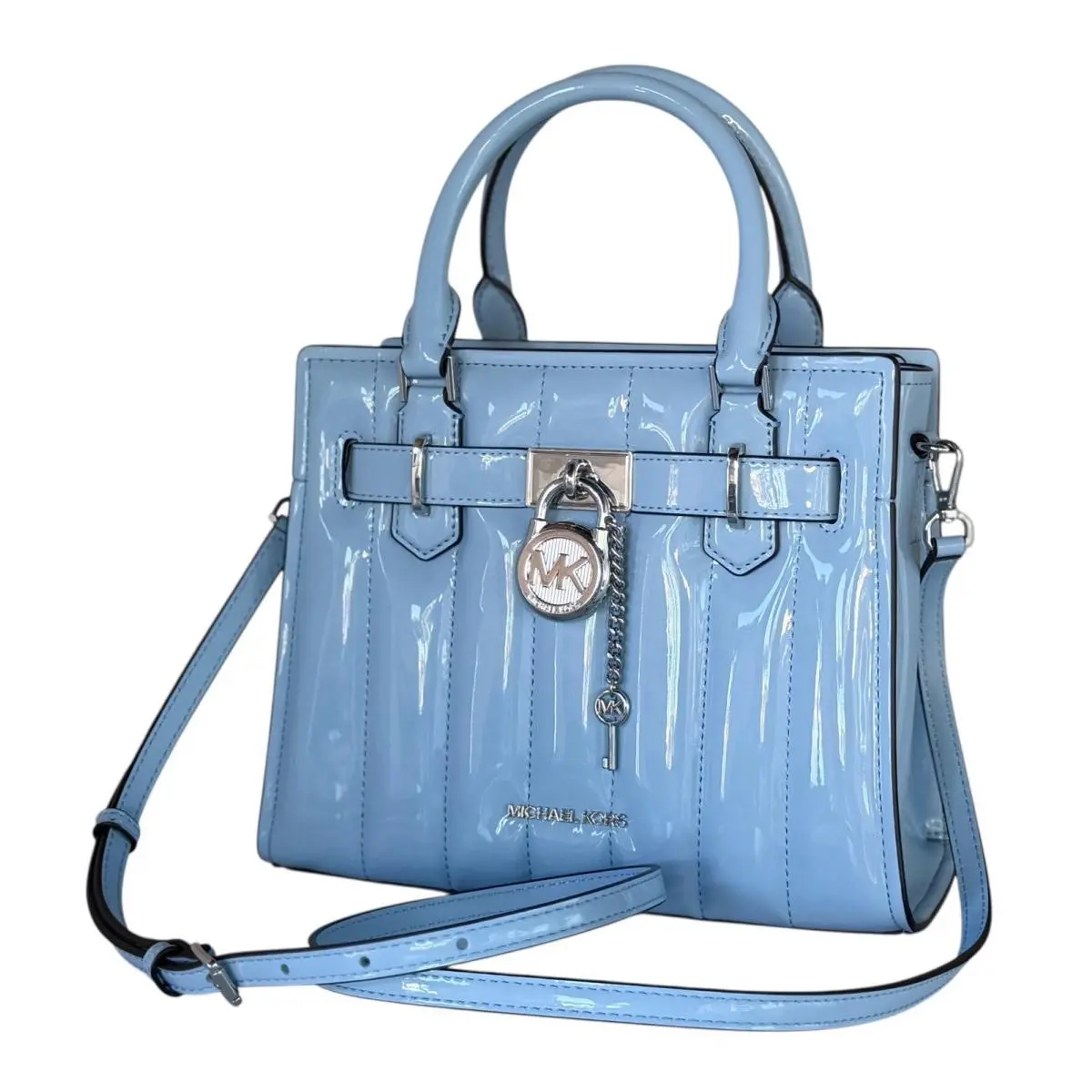 Michael Kors Hamilton SM Satchel Shoulder Crossbody Bag Patent Light Sky