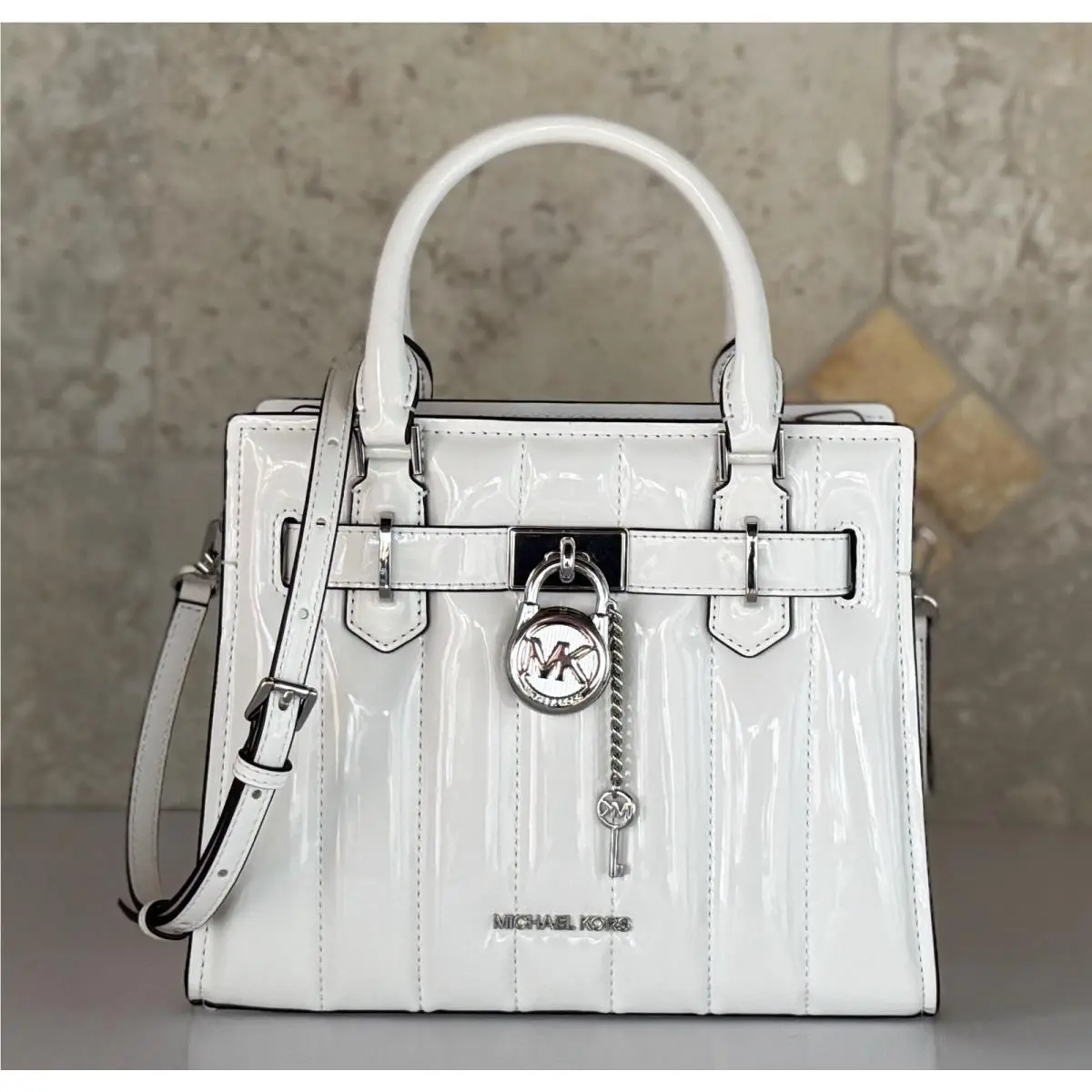 Michael Kors Hamilton Small Satchel Shoulder Crossbody Bag Patent Quilted White