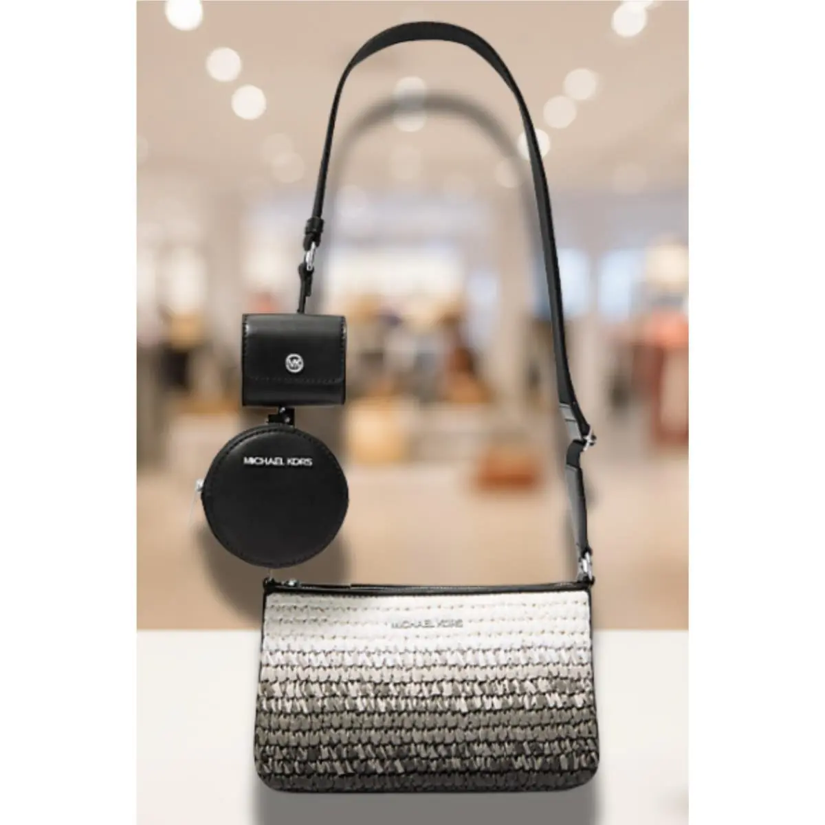 Jet Set Women Small Ombré Straw Crossbody Bag w/ Airpod Case Black by Michael Kors