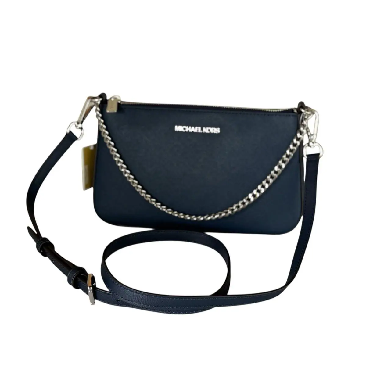 Michael Kors Jet Set MD Pouchette Shoulder Chain Crossbody Bag Navy/silver