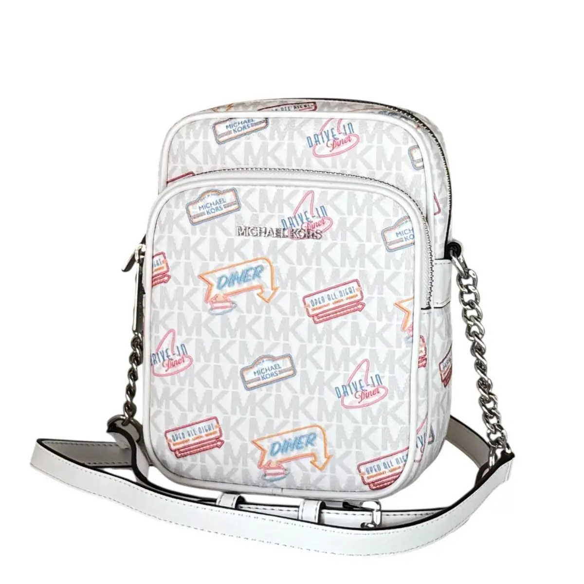 Michael Kors Jet Set Travel MD North South Chain Crossbody Flight Bag MK White