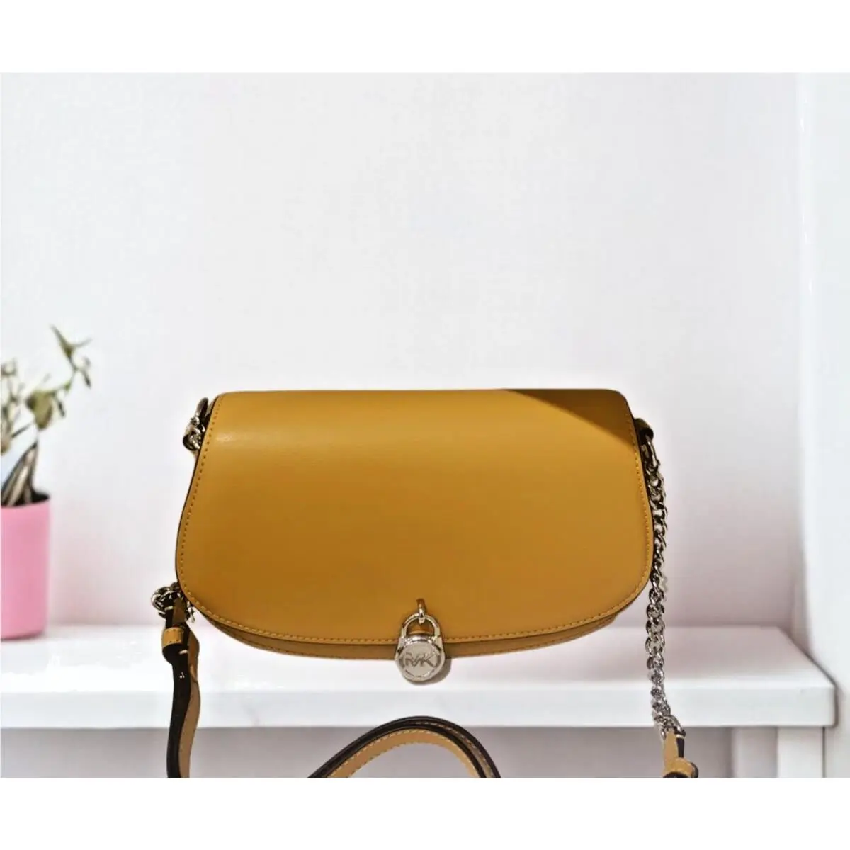 Michael Kors Mila Women Medium Leather Sling Messenger Bag Handbag Peanut
