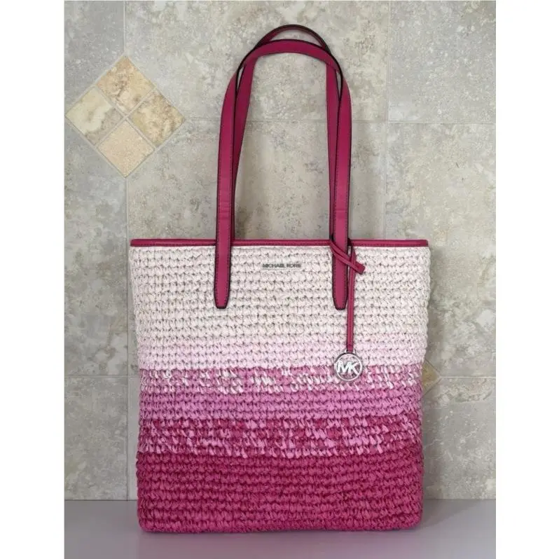 Large North South Shoulder Tote Bag Straw Ombre Dragonfruit by Michael Kors