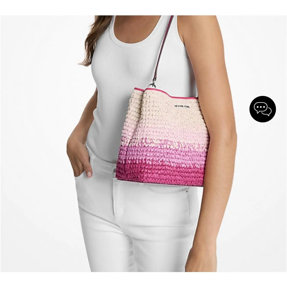 Michael Kors Pratt Women Medium Ombré Straw Bucket Shoulder Bag Dragonfruit