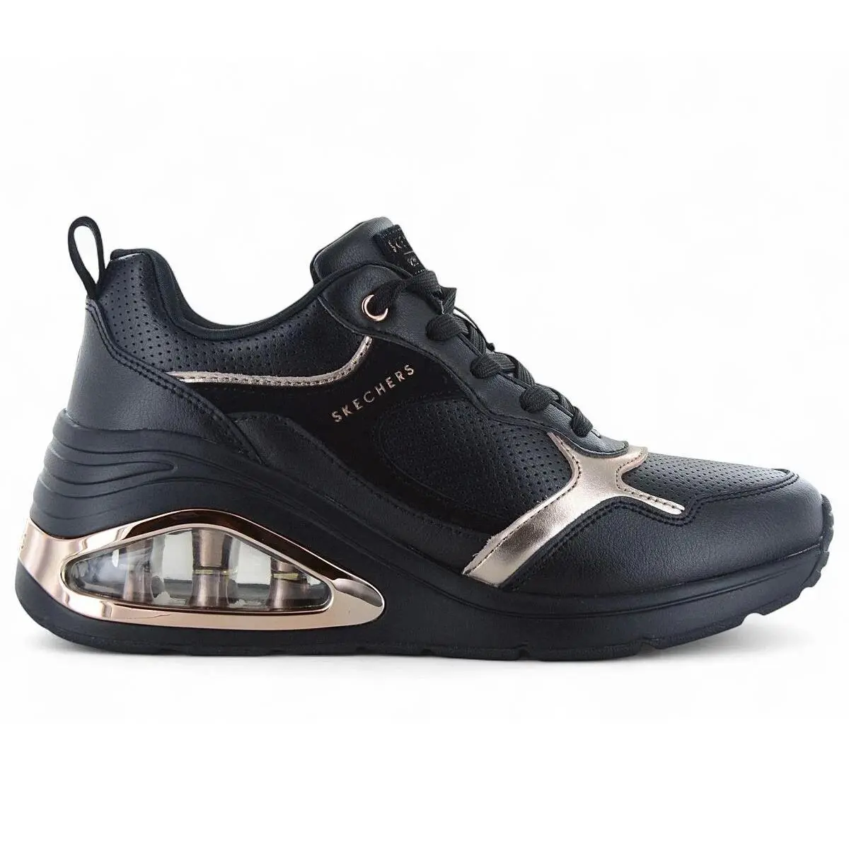 Black Women`s Skechers Wedge Fashion Sneaker Lace Cushion Air Memory Foam 177810