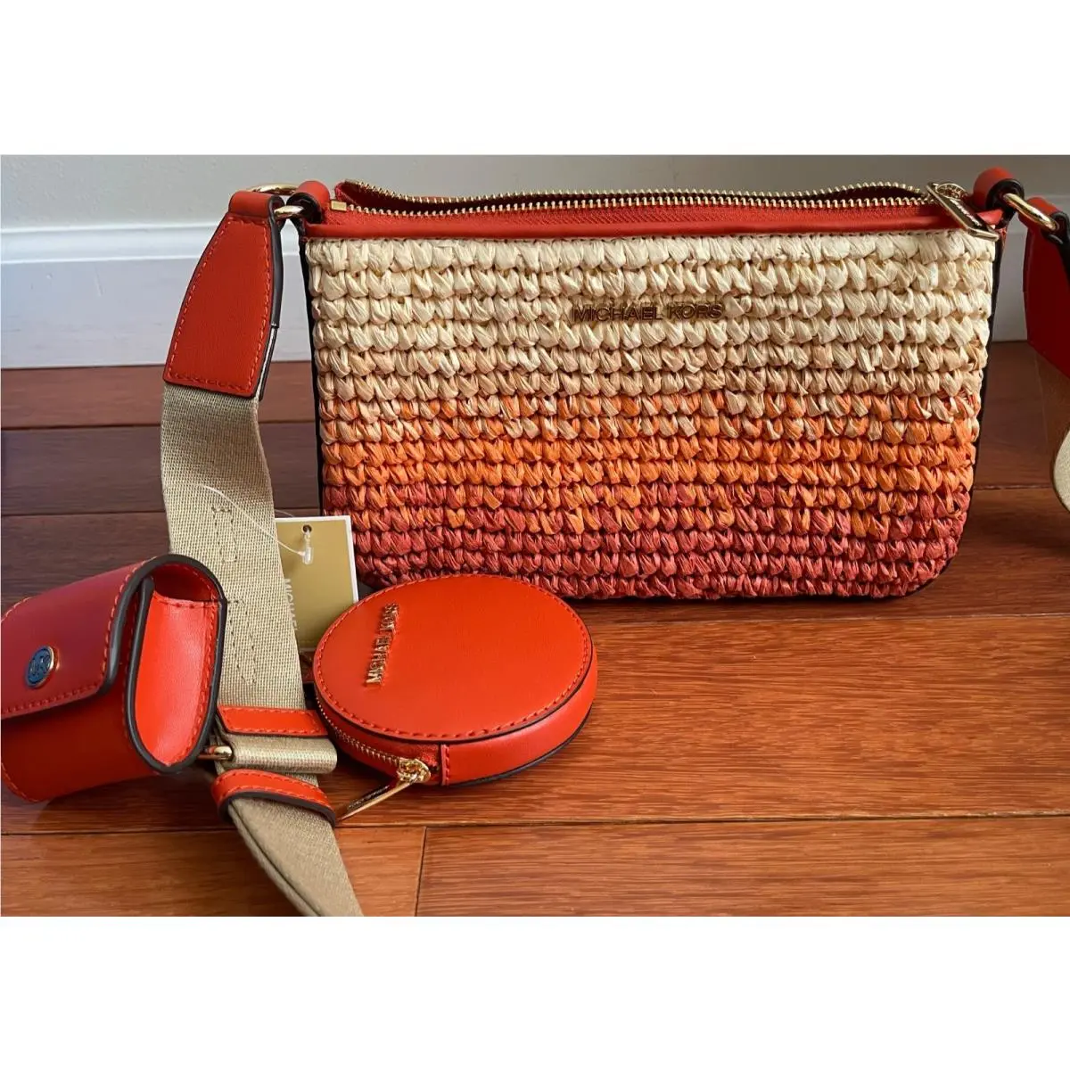 Michael Kors Jet Set Small Ombré Straw Crossbody Bag with Airpod Case Red Clay