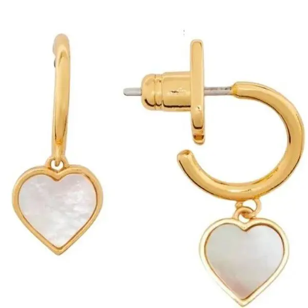 New Kate Spade Gold Tone Mother OF Pearl Mop Heart Hoop Drop Earrings