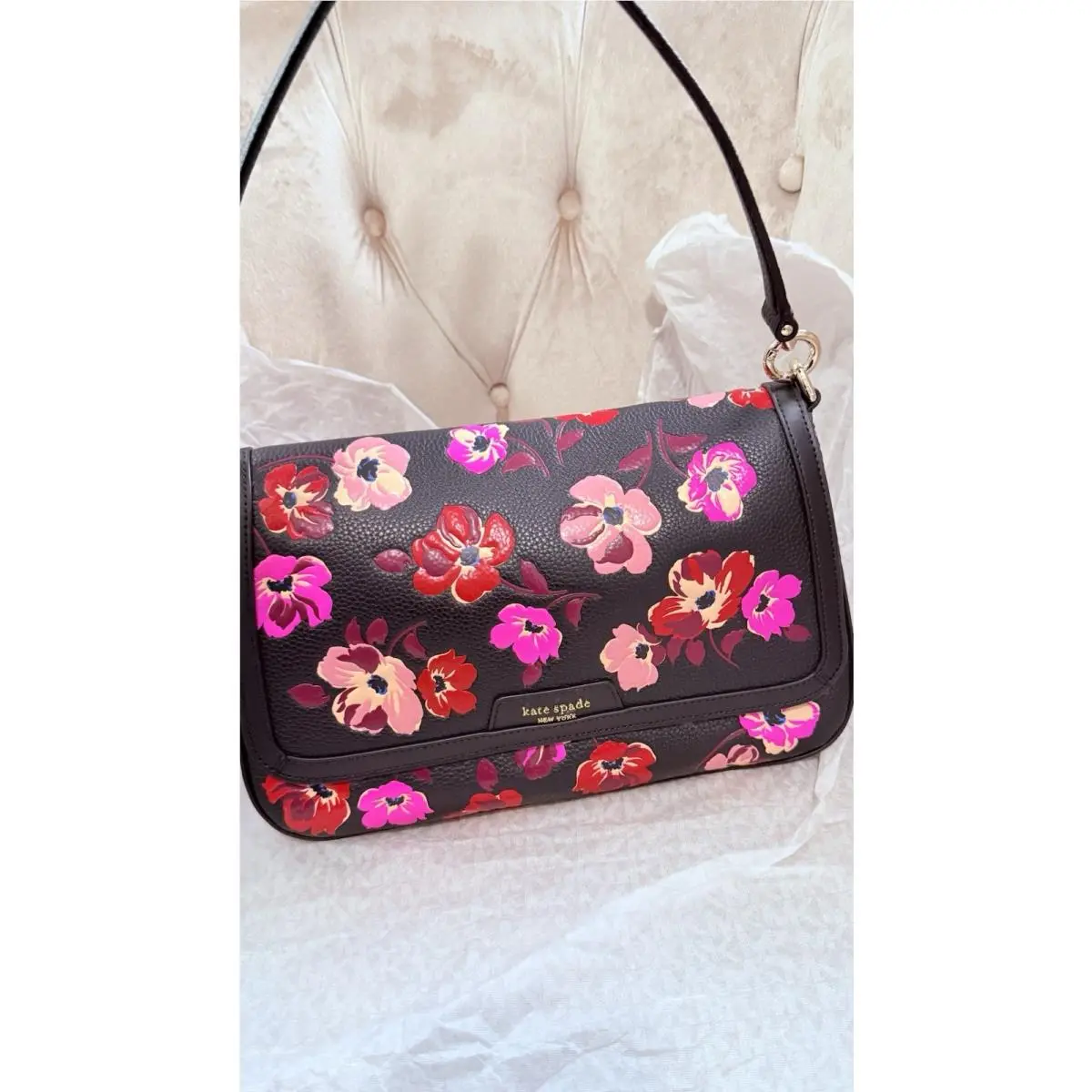 Kate Spade Hudson Medium Convertible Bag Handbag Floral Poppies Purse Black