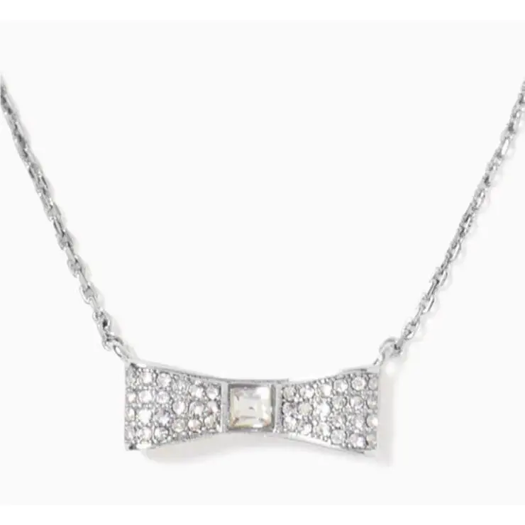 New Kate Spade Ready Set Silver Tone Bow Pave Bow Mini Pendant Chain Necklace