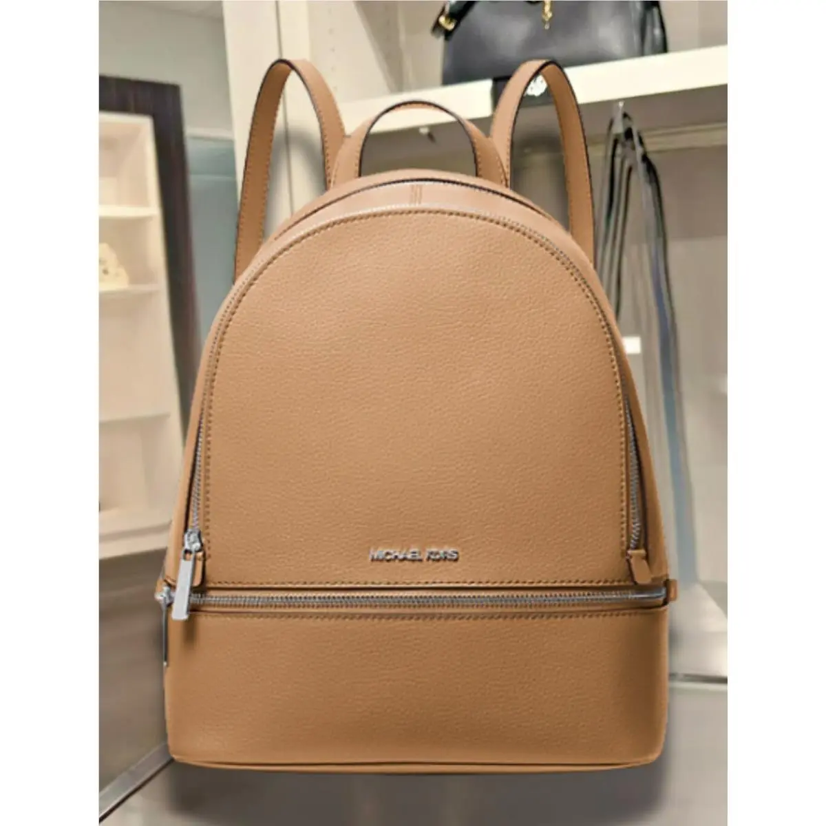 Michael Kors Rhea Women Medium Pebbled Leather Zip Pocket Backpack Bag Peanut