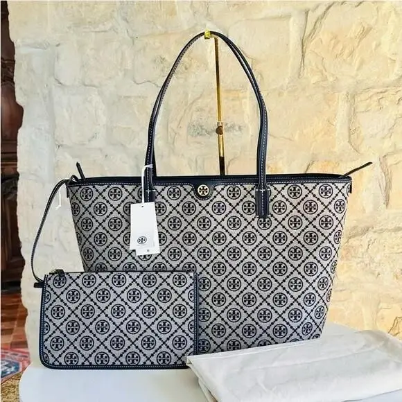 Tory Burch T Monogram Logo Zip Tote Shoulder Bag with Corner Zip Wallet Navy