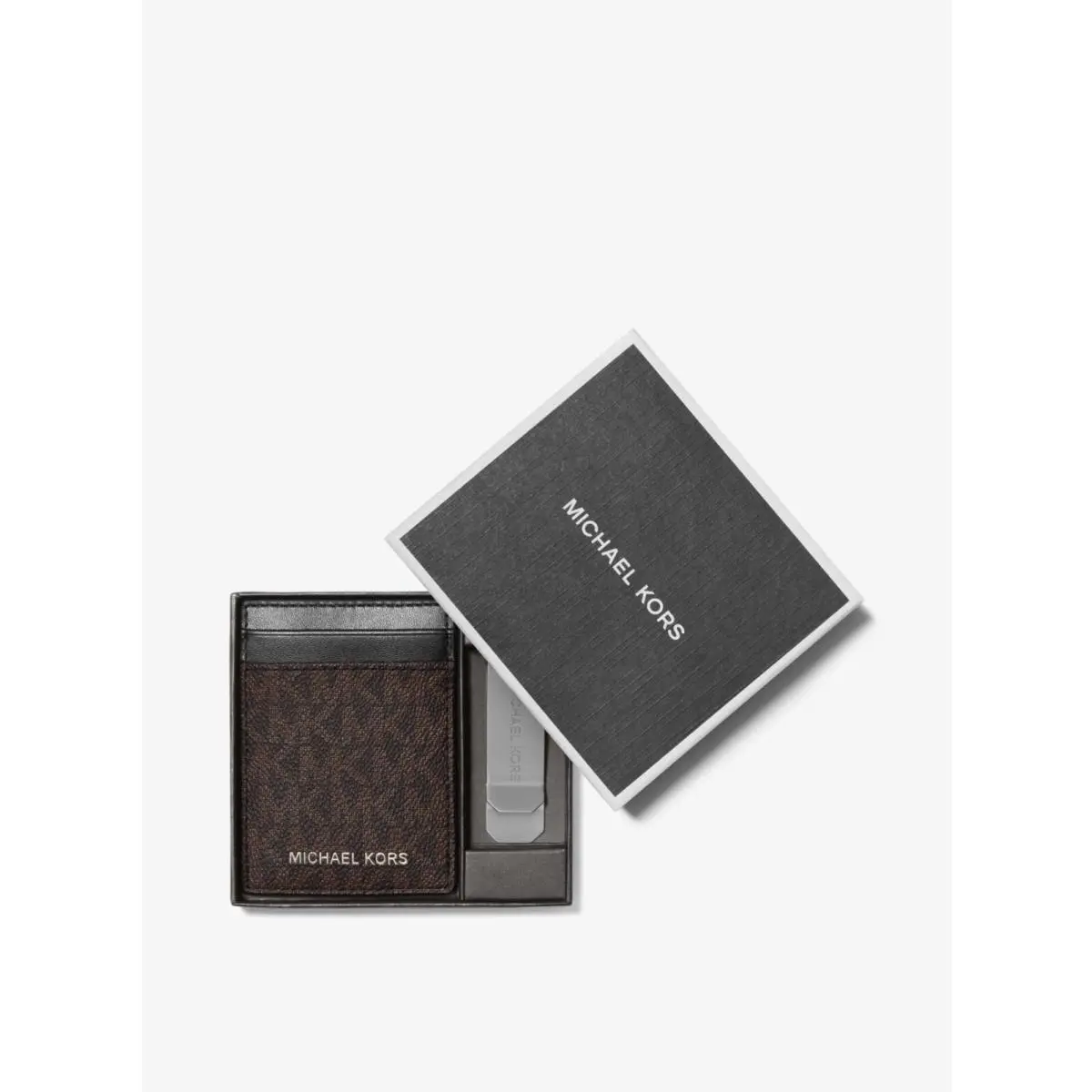 Michael Kors Mens Logo Card Case with Bill Clip Gift Box 37H9LGFD1B-BRN/BLK