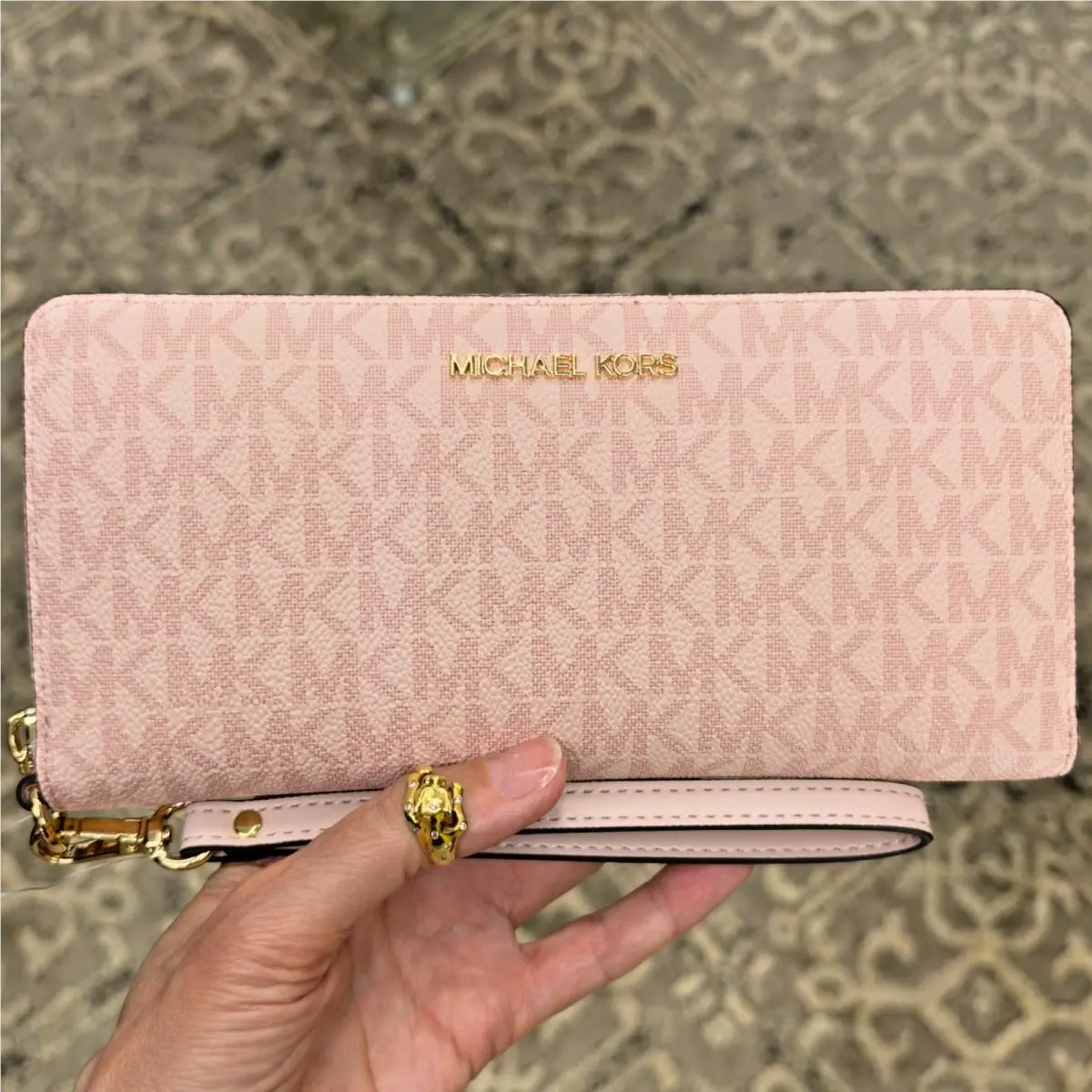 Michael Kors Jet Set Large Continental Long Wallet Wristlet MK Logo Powder Blush