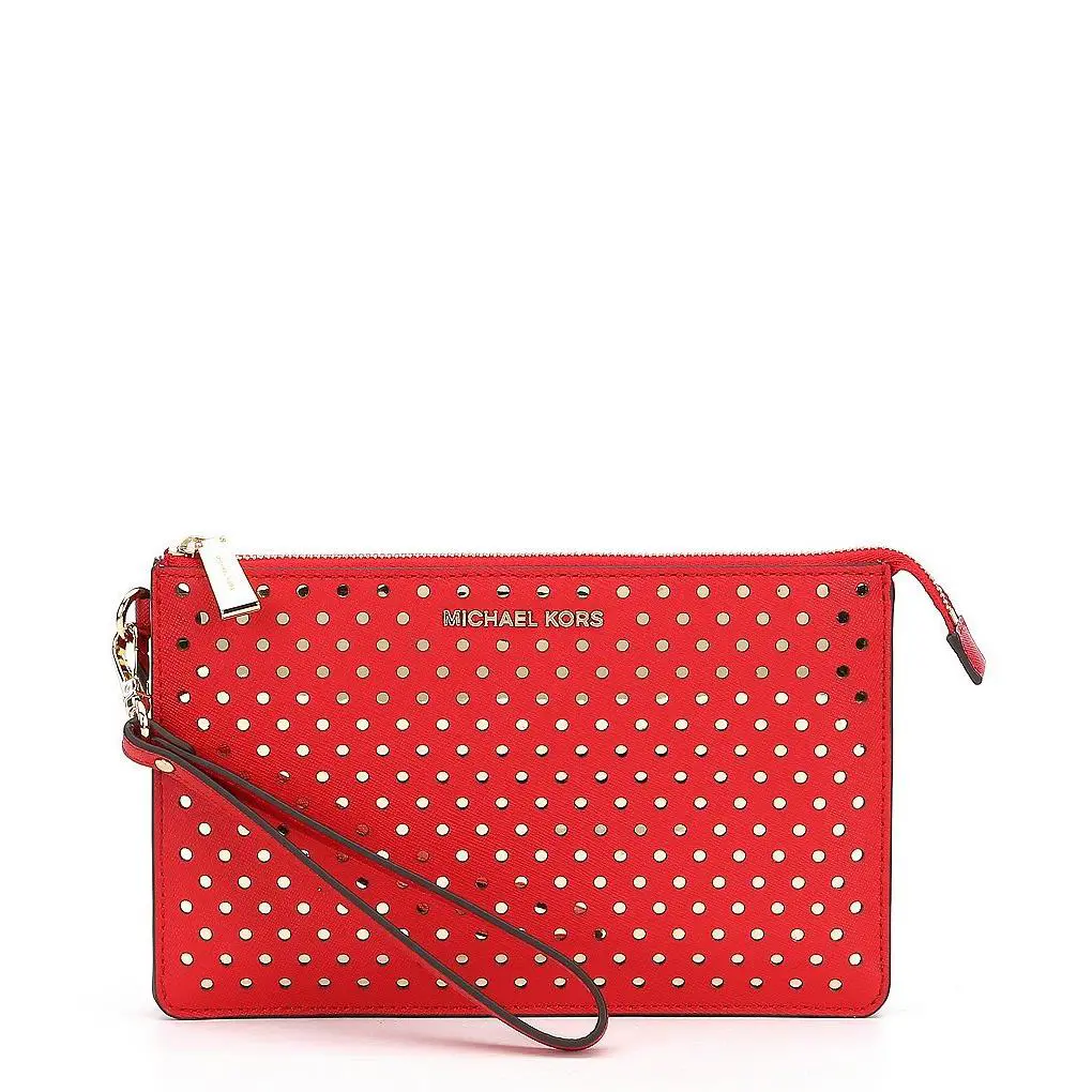 Michael Kors Perforated Medium Gusset Leather Wristlet Bright Red W/goldtone