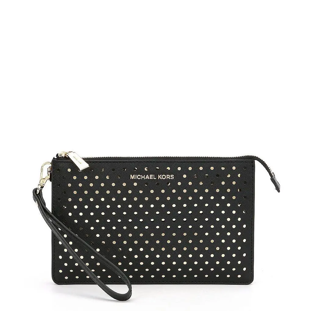 Michael Kors Perforated Medium Gusset Leather Wristlet Black W/goldtone Hdwr