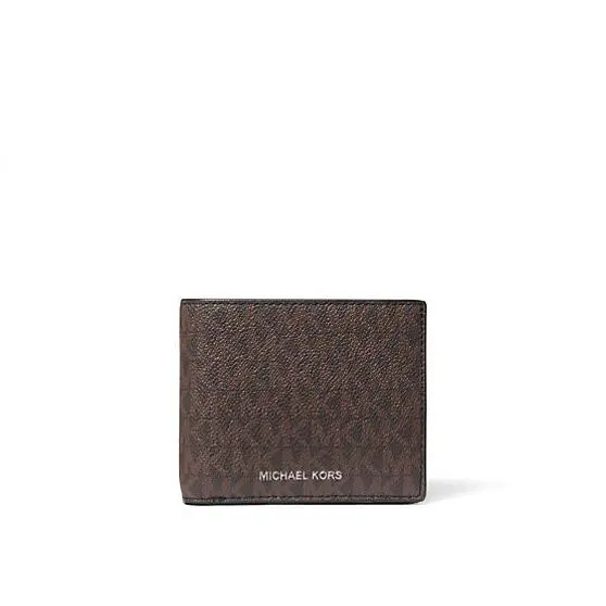 Michael Kors Men`s Cooper Logo Billfold Wallet with Coin Pouch Brown MK - Brown/Black Signature