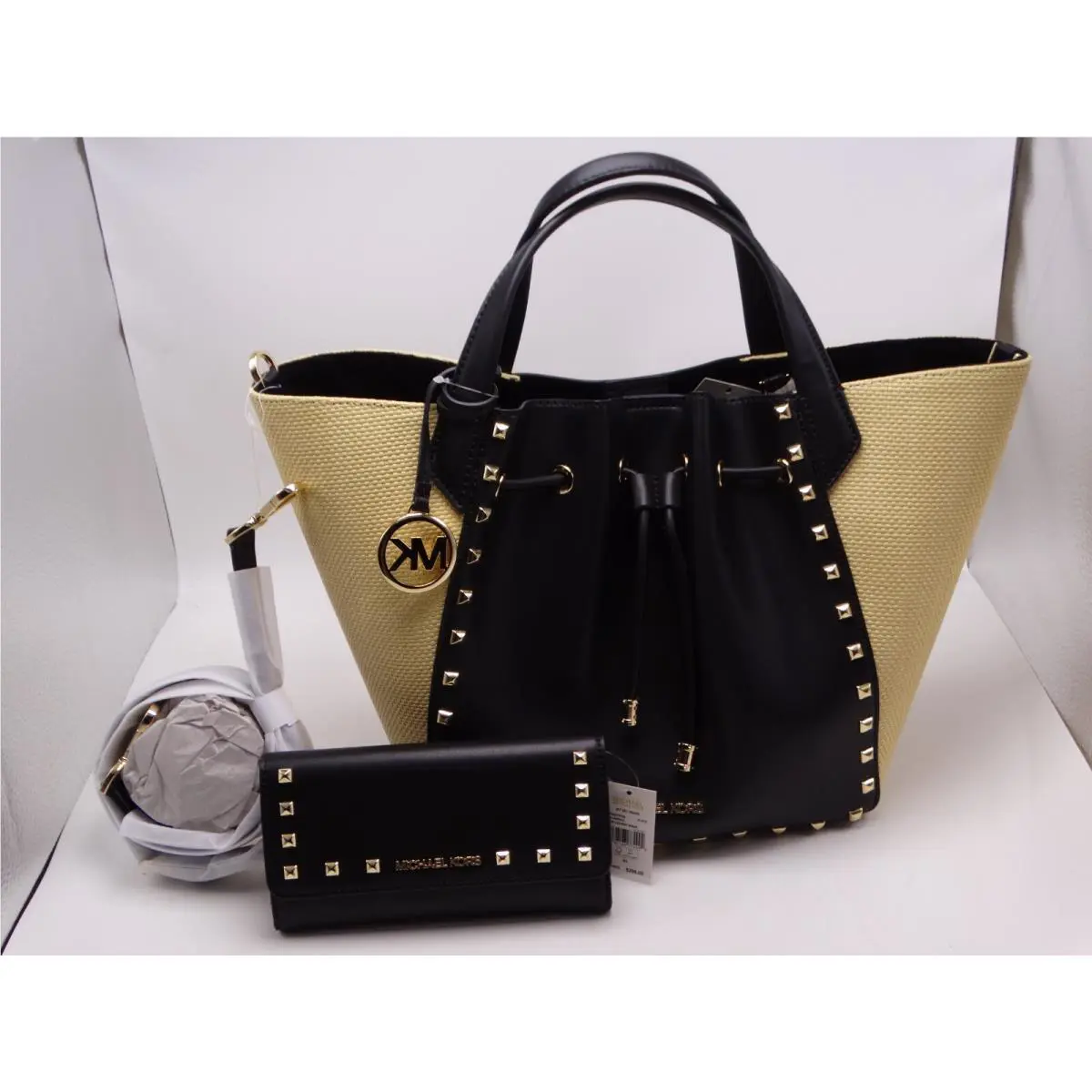 Michael Kors Phoebe Black Large Leather Bucket Bag Wallet Retail Set 856
