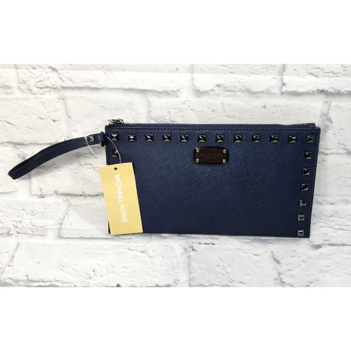 Michael Kors Saffiano Studded Zip Clutch Wristlet Navy Blue Leather Zipped