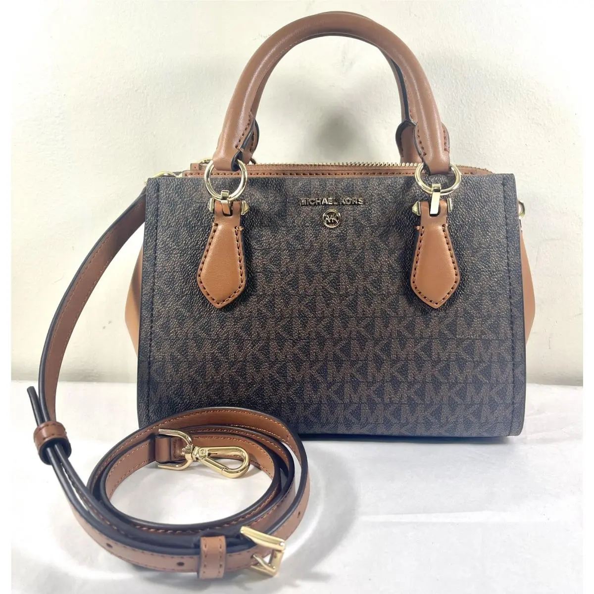 Michael Kors Marilyn Brown Signature MK Small Satchel Crossbody Bag