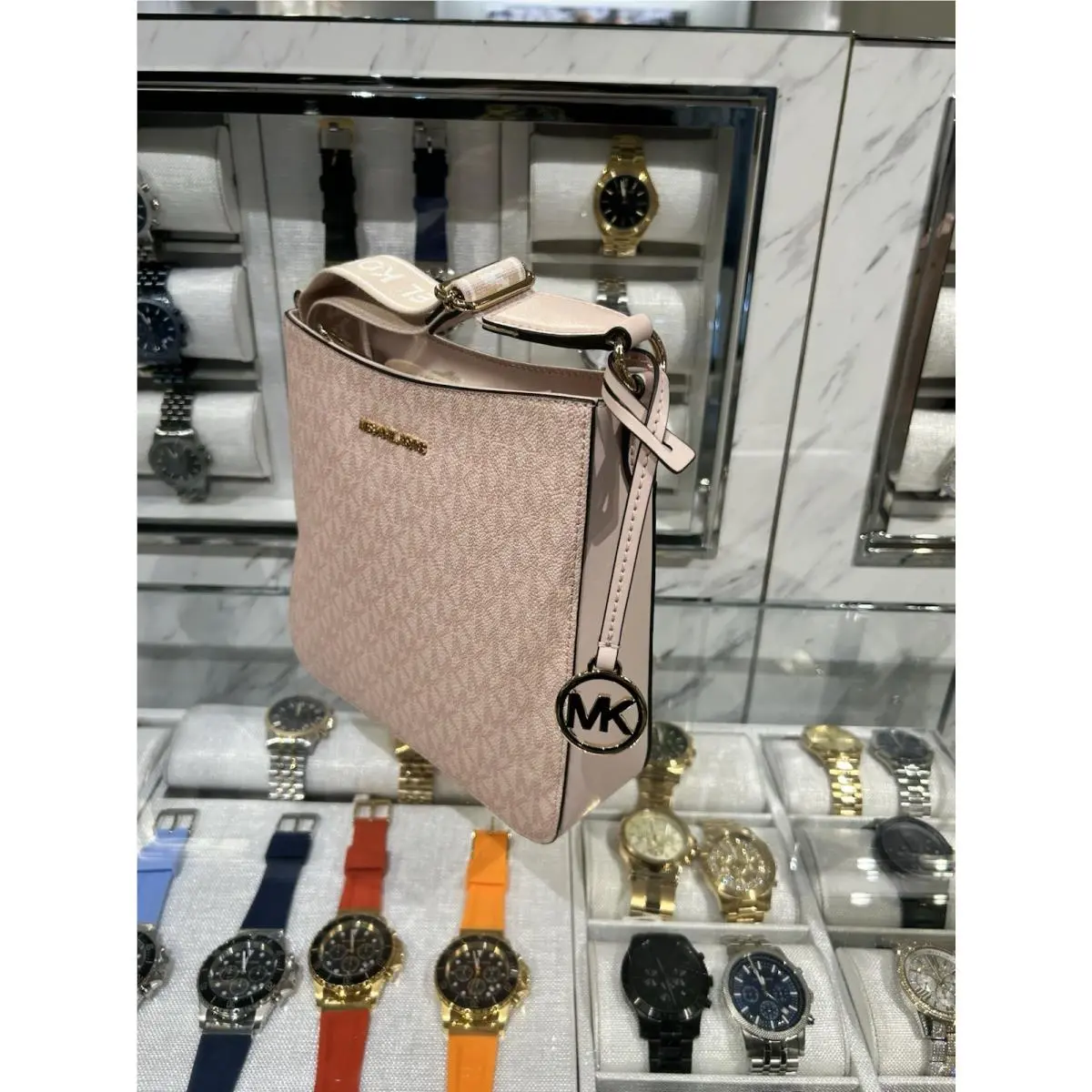 Michael Kors Jet Set Travel Small Zip Bag Crossbody Messenger MK Signature Pink