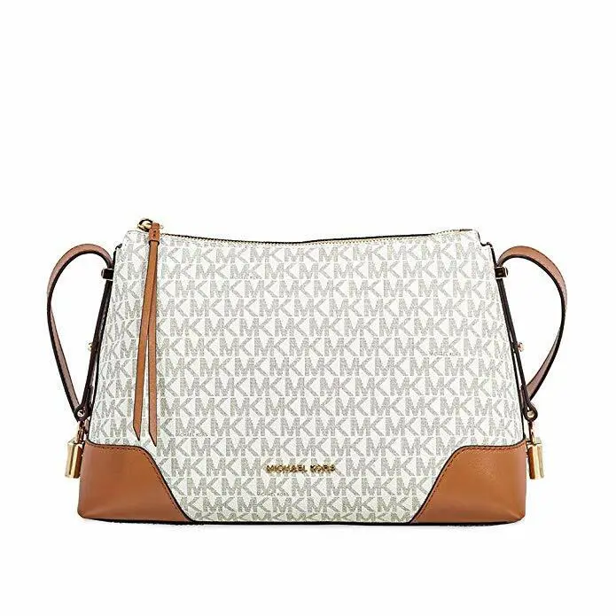 Michael Kors Crosby Medium Signature Logo Print Messenger Bag - Vanilla/acorn 0 - Exterior: Vanilla/Acorn, Lining: Beige, Hardware: Gold
