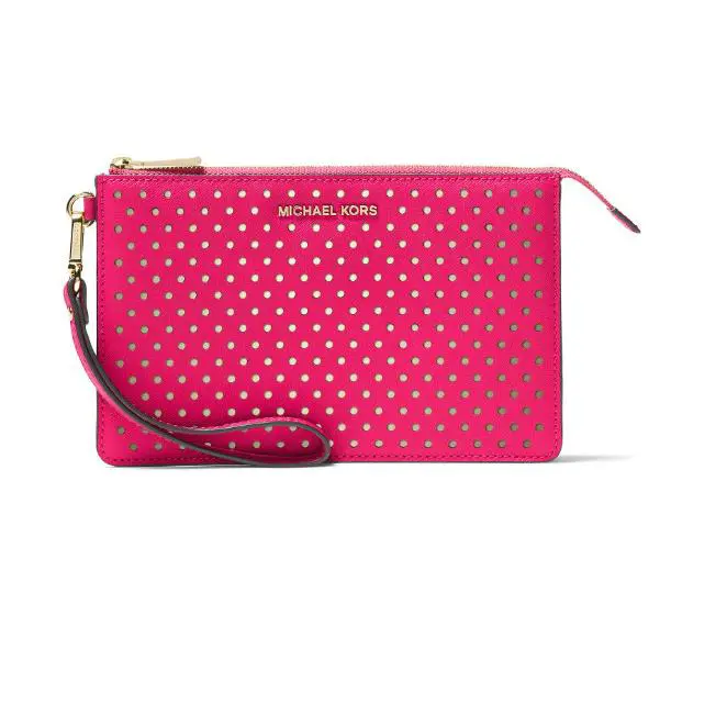 Michael Kors Perforated Medium Gusset Leather Wristlet Ultra Pink W/goldtone