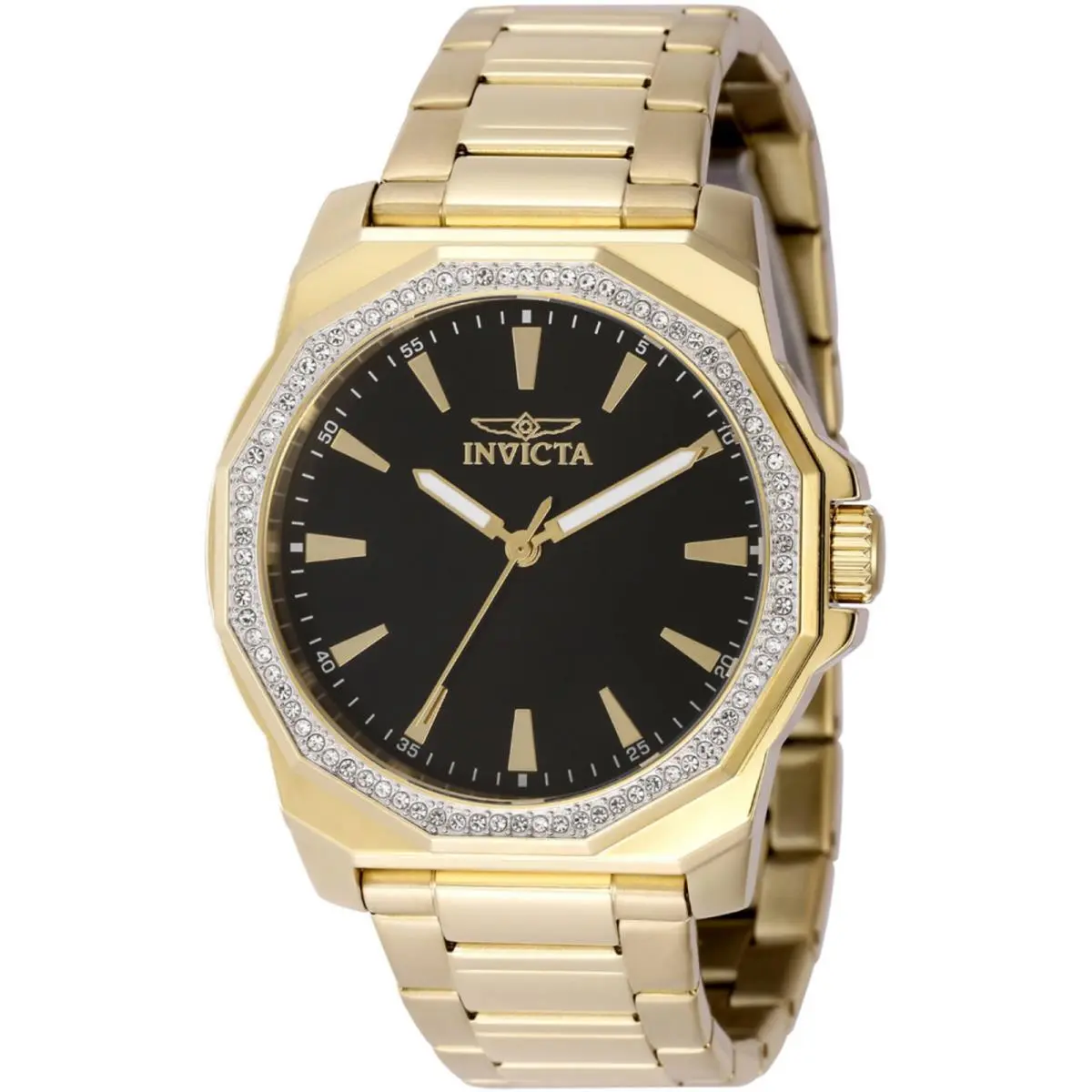 Invicta Men`s Watch Speedway Crystal Bezel Black Dial Yellow Gold Bracelet 49107