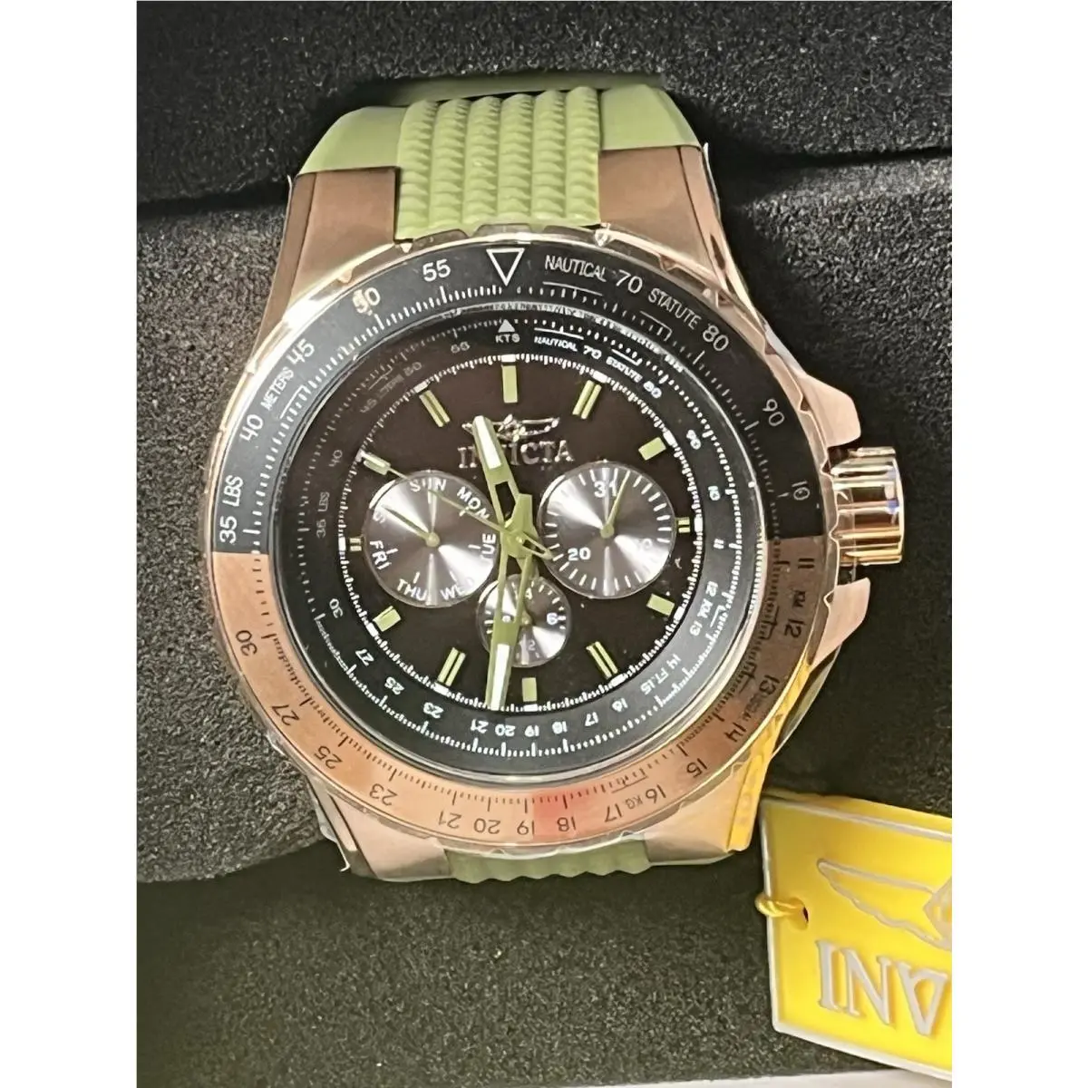 Invicta Aviator Skyshock Men`s Watch - 50mm Black Dial Olive Green Band - Dial: Black, Band: Green, Bezel: Black
