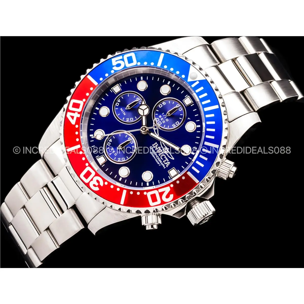 Invicta Mens Pro Diver Chronograph Silver Red Blue Dial 43mm Bracelet SS Watch