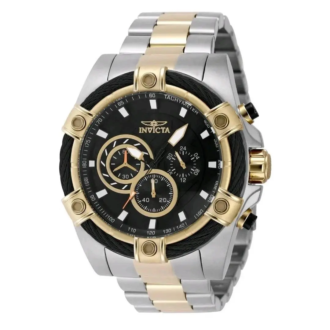 Invicta Bolt Ace Men`s Watch 52mm Black Dial Two Tone Bracelet 48868 - Dial: Black, Band: Silver, Gold, Bezel: Gold, Black