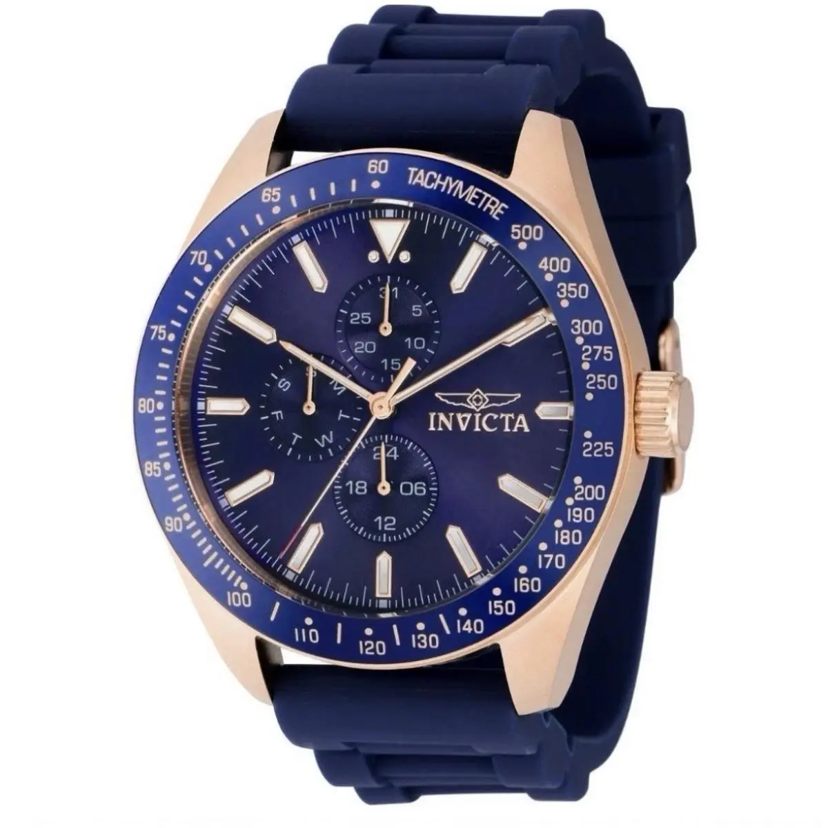 Invicta 38406 Watch Aviator Chrono Rose Gold Tone Case Blue Bezel Strap