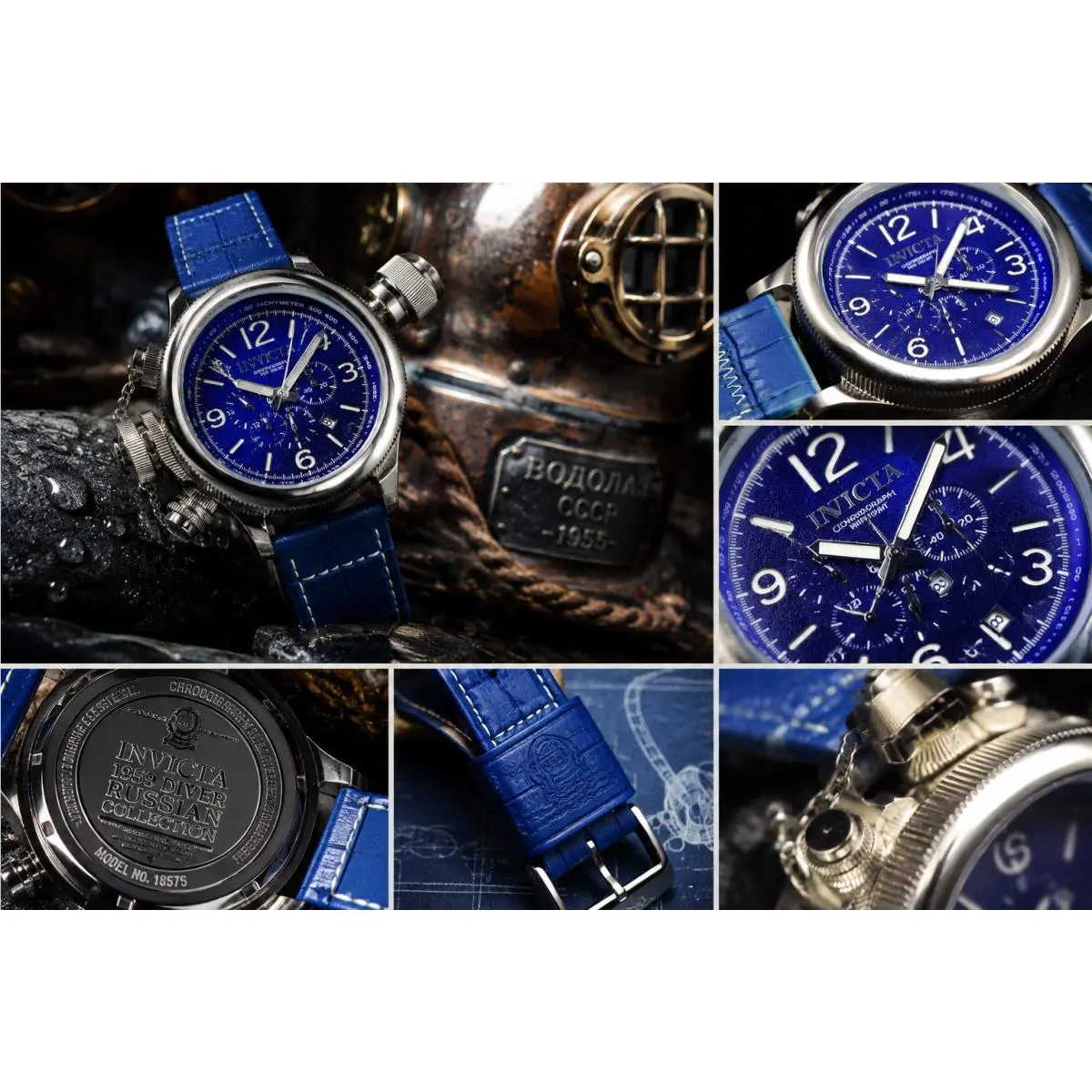 Invicta Mens Russian Diver Chronograph Dial Blue Tone Quartz Watch 54mm