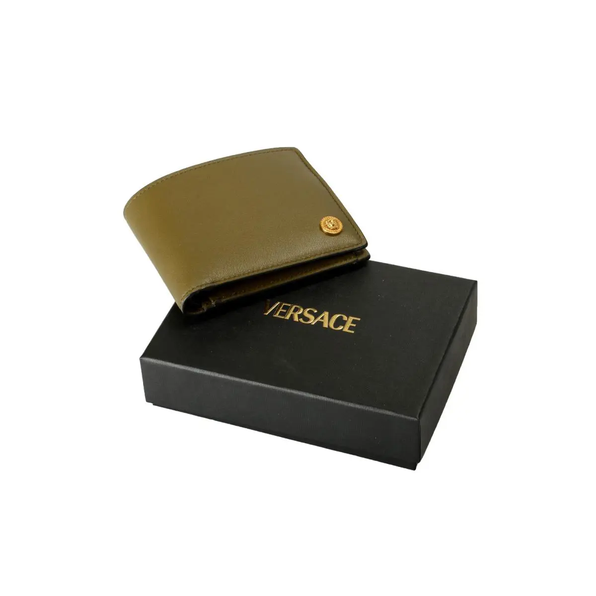 Versace Khaki Textured Leather Gold Medusa Head Bifold Wallet W/coin Pocket