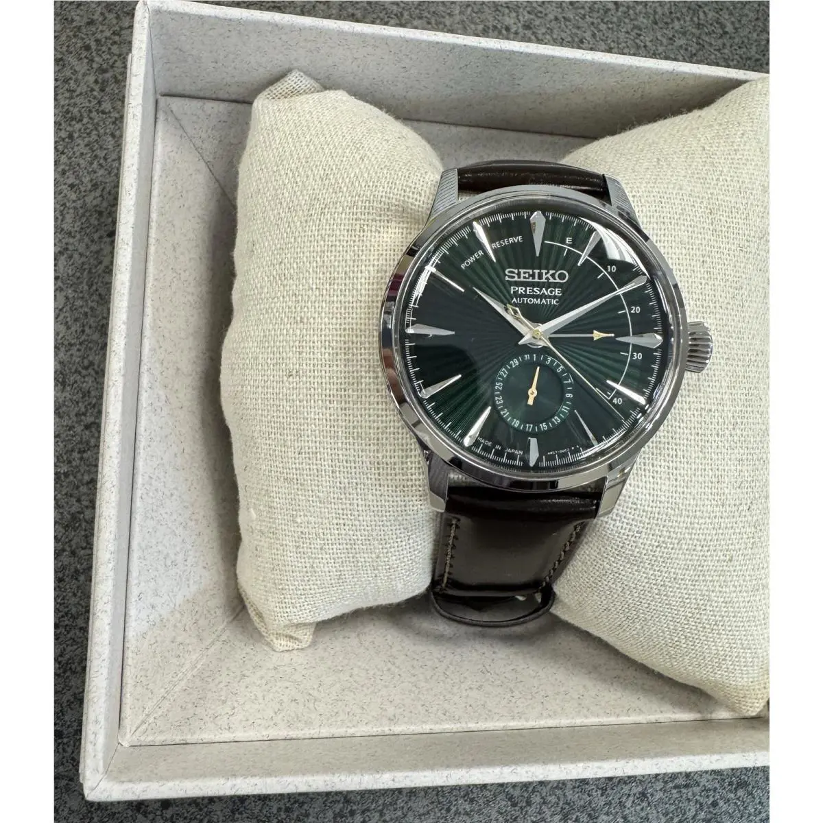 Seiko Men`s Presage Automatic Green Dial Brown Leather Strap Watch SSA459 Japan