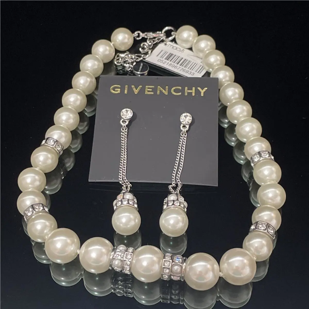 Givenchy Gold Tone Large Pearl Rhinestone Choker Necklace Earring Set