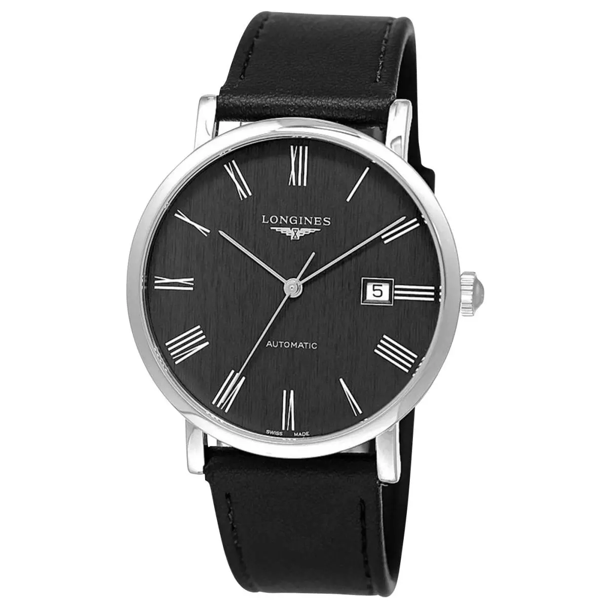 Elegant Automatic Gray Dial Black Leather Date Mens Watch L4.911.4.71.2 by Longines