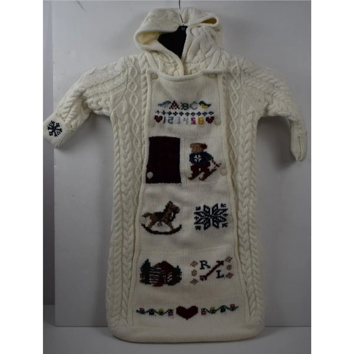 Ralph Lauren Size 3-9M Ski Bear Baby Bunting Cable Knit Hood Sweater Logo