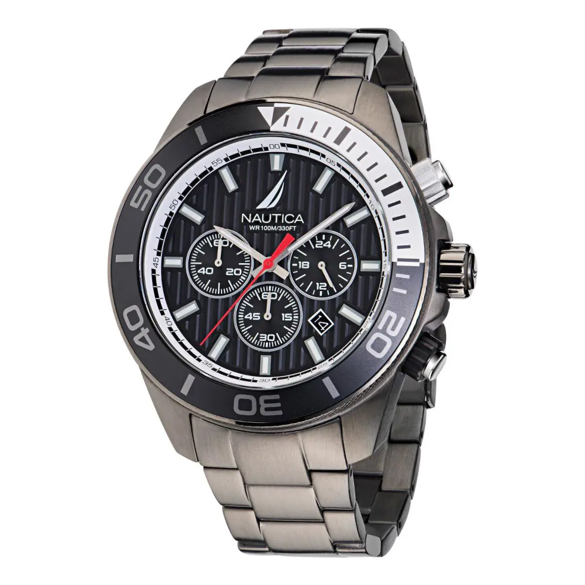 Nautica One 48mm Gunmetal Stainless Steel Chronograph Mens Watch NAPNOF305 - Dial: Black, Band: Gunmetal