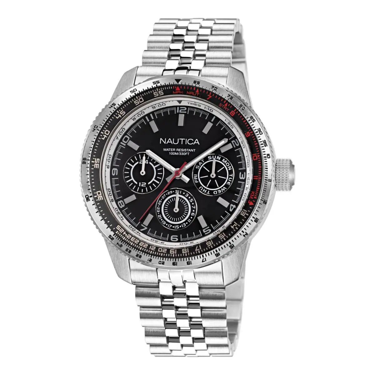 Nautica Pier 39 46mm Multifunction Steel Mens Watch NAPP39S26 - Dial: Black, Band: Silver
