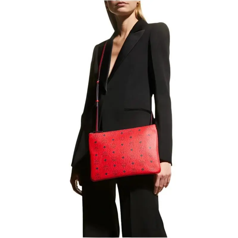 Mcm Logo Aren Crossbody Pouch Clutch Medium Bag in Visetos Candy Red